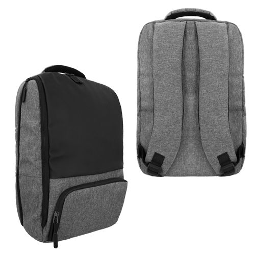 BL-084, Mochila de poliéster y vinipiel que abre a 330 grados con asa, cierres plastificados, 2 compartimentos laterales, 1 compartimento frontal con cierre, compartimento interno para laptop max. 16 pulgadas y tirantes acojinados.